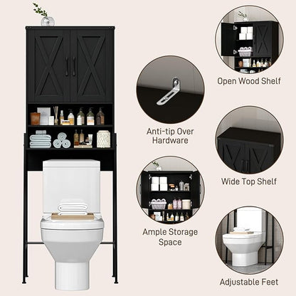 Vabches Over The Toilet Storage Cabinet, Farmhouse Over Toilet Storage Cabinet, Metal Frame with 2 Barn Doors, Home Space-Saving Toilet Rack for Bathroom, Toilet, Laundry Room,Black