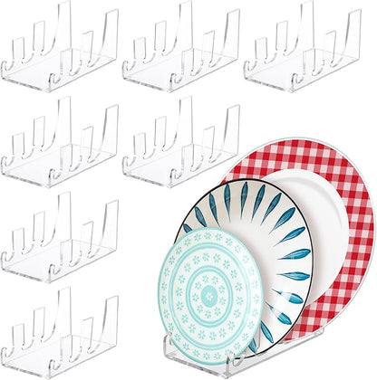Wenqik 8 Pcs 3 Tier Plate Dinnerware Display Stand Acrylic Plate Stands for Clear China Platters Holders Racks for Display Place Setting Plates Kitchenware Cabinet Home Organizer