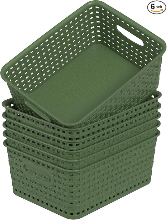 6 Packs Plastic Organizer Shelf Baskets, Desktop Weave Storage Basket, Green Storage Baskets for Cabinet, Pantry