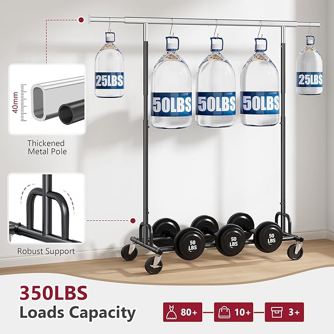 Tajsoon Clothes Rack Heavy Duty Clothing Rack Load 350 LBS, Rolling Clothing Rack for Hanging Clothes with Wheels & Extendable Rod, Collapsible Garment Rack with Bottom Shelf, Commercial, Black
