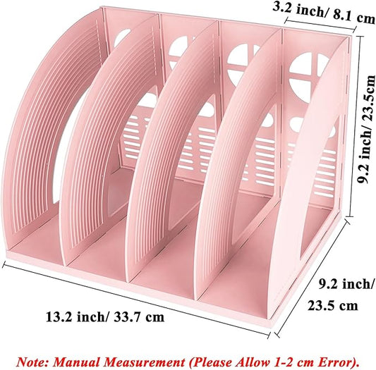 SAYEEC Sturdy Magazine Holder 4 Compartments Plastic Desktop File Organizer File Dividers Office Organizer Storage Document Magaizne Rack Display Box (Pink)