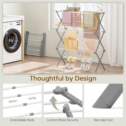 KINGBOARD Clothes Drying Rack, Collapsible Drying Rack Clothing with 11 Poles, 3-Tier Laundry Drying Rack, Small Clothes Drying Rack Foldable for Baby Clothes Sock Towel, 25lb Capacity, White & Grey