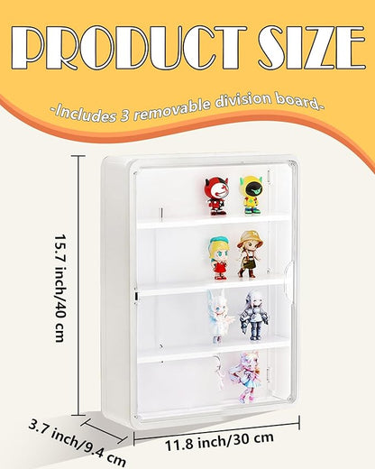 HGYZE Clear Display Case for Figures, 15.75" High, Wall Mounted Shelf with Magnetic Door, Hanging Display Case for Collectibles Action Doll Blindboxes Storage (White, 4-Layer 1 Pack)