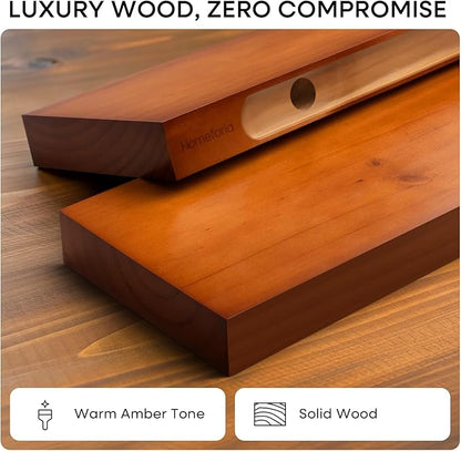 Homeforia Oak Floating Shelves 30 inch Long, High End Solid Real Wood 30inch Floating Shelves for Wall Mounted, Honey Oak Wooden 30in Floating Shelf, Heavy Duty Bracket, 30 X 6.5 X 1.75 in, Set of 3