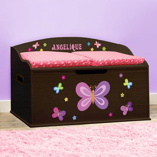 DIBSIES Personalized Creative Wonders Toy Box, Butterflies & Flowers, 30 x 19.25 x 18 inches, Soft-Close Lid (Espresso)