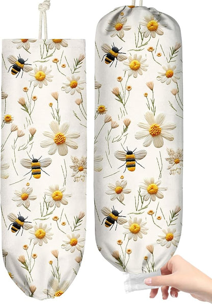 Plastic Bag Holder Organizer - 1 Pack Reusable Canvas Grocery Bags Holder Hanging Wall Cute Aesthetic Shopping Bag Storage Dispenser with Drawstring Closure for Kitchen Home, Flower Bee