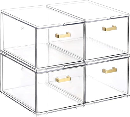 4 Pack Plastic Storage Bins, Acrylic Bathroom Makeup Organizer with Handle, Clear Small Stackable Storage Drawers for Vanity, Home, Kitchen Cabinet, Pantry, UnderSink Organization(6.7"D x 10.6" x 8"H)
