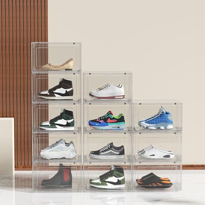 Knifefish 12 Packs Large Acrylic Clear Shoe Boxes with Magnetic Door, Strong Stackable Shoe Organizers, Sneaker Containers, Boot Display Case Up to US Size 15