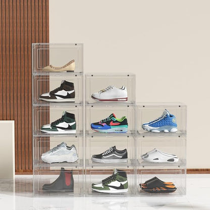 Knifefish 12 Packs Large Acrylic Clear Shoe Boxes with Magnetic Door, Strong Stackable Shoe Organizers, Sneaker Containers, Boot Display Case Up to US Size 15