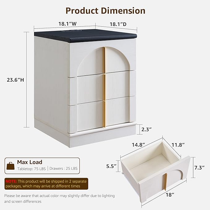 ACCOHOHO Modern Night Stand Set 2 with Arched Panel, 18" Nightstand with Charging Station, Side Table with 3 Storage Drawers, Wood Square Bedside End Table for Bedroom Living Room, White