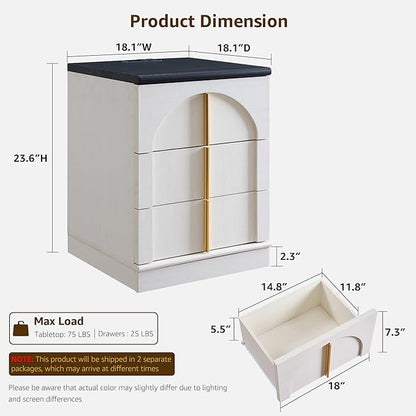 ACCOHOHO Modern Night Stand Set 2 with Arched Panel, 18" Nightstand with Charging Station, Side Table with 3 Storage Drawers, Wood Square Bedside End Table for Bedroom Living Room, White