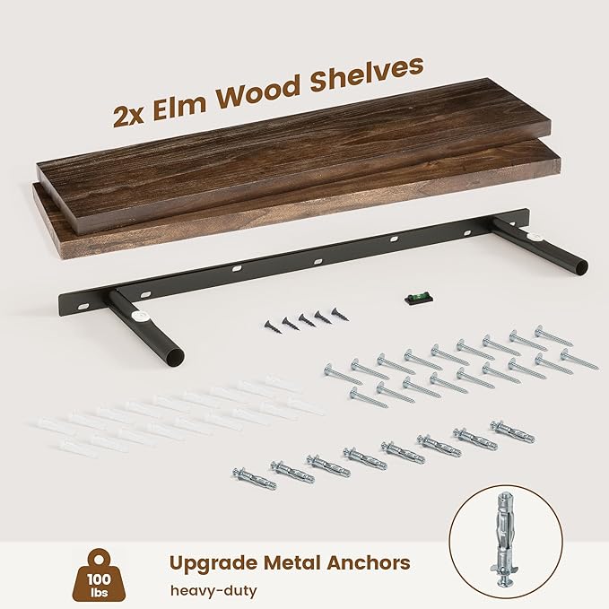 Elm Floating Shelves for Wall Decor, Rustic Solid Wood Shevles Wall Mounted with Invisible Bracket for Living Room Bathroom Bedroom Kitchen, 36 Inch Set of 2, Walnut
