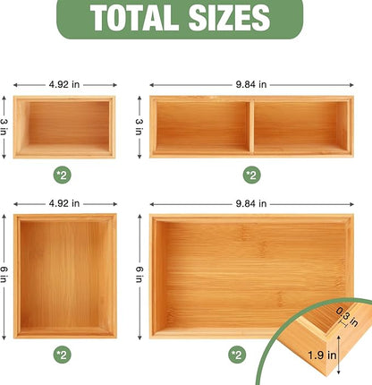 Bamboo Drawer Organizer Set, 8 PCS Multi-Use Wood Drawer Storage Boxes, Junk Drawer Organizer Divider Bins for Kitchen, Bathroom, Office Desk, Makeup, Jewelry, Utensils