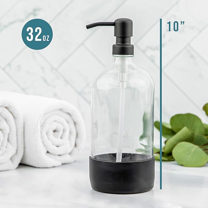 32 oz Glass Pump Bottles - Rustproof Stainless Steel Pump, Silicone Sleeves - Modern Farmhouse Vintage Design for Shampoo, Hand Soap, Lotion - Matte Black Pumps