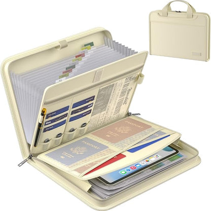 ENGPOW Accordion File Organizer,Fireproof Expanding File Folder with Multi Pockets,13 Pockets Document Organizer Bag with Handle & Labels,Portable Home Travel Safe Storage for Letter A4 Files,Beige