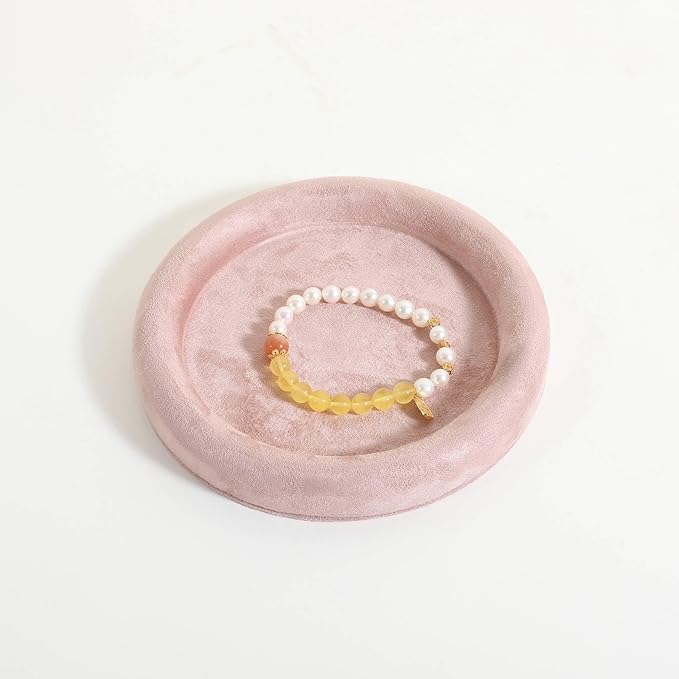 GemeShou Round Jewelry Organizer Plate, Top Microfiber Velvet Jewelry Display Tray, Empty Jewelry Showcase Tray for Necklaces, Bracelets, Rings, Earrings (Pink-Small, 5.9 x 5.9 in)