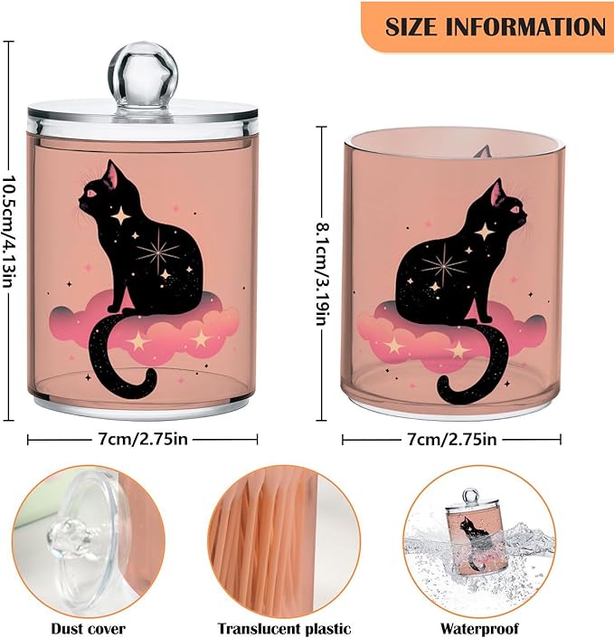 MNSRUU 2 Pack Qtip Holder Organizer Dispenser Black Cat Pink Bathroom Storage Canister Cotton Ball Holder Bathroom Containers for Cotton Swabs/Pads/Floss