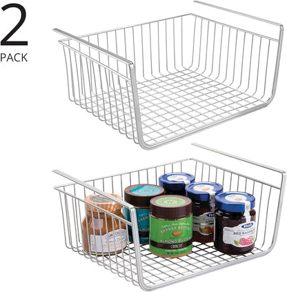 mDesign Metal Under Shelf Basket for Kitchen Storage - Wire Farmhouse Sliding Bin Basket for Pantry - Large Open Front Organizer for Food, Drinks, Snacks - Hyde Collection, 2 Pack - Chrome