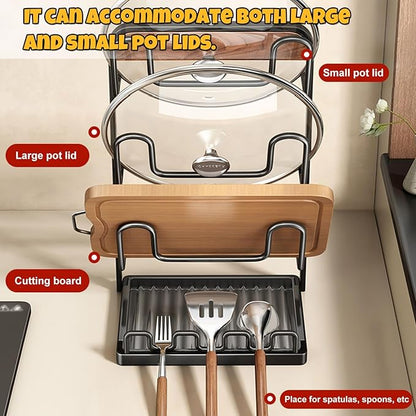 Lid Holder While Cooking, Countertop Pot Lid Organizer, To Keep Cooking Utensils Handy, Comes with A Draining Tray, Suitable for Holding Pot Lids and Spoons for Pots, Pans Three stories