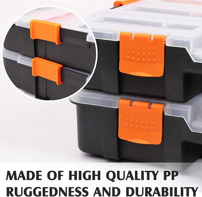 MIXPOWER 15-inch 2pcs Toolbox Organizer Sets, 20 Removable Dividers, Durable Plastic Box, Excellent for Screws, Nuts, Small Parts, 34-Compartment Black/Orange 2 Pieces Set