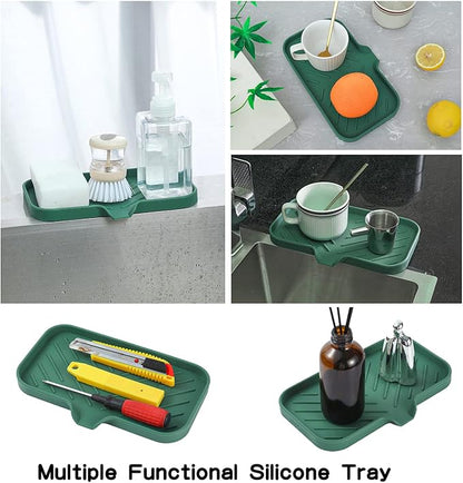 MicoYang Silicone Bathroom Soap Dishes with Drain Spout-Bathroom and Kitchen Sink Organizer,Sponge Holder,Dish Soap Tray,Perfect for Dispenser,Scrubber,Bottle,Cup on Sink or Counter-Green 9.6"×5.3"