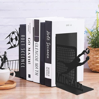Personalized Metal Book Ends for Shelves 2 Pcs, Custom Soccer Theme Decorative Bookends with Name, Non-Slip Book Stopper, Desk Book Organizer, Black Book Holders for Home Office, Gifts for Men