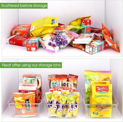 6 Pack Food Storage Organizer Bins Clear Plastic Removable Snack Organizer Pantry Organization Storage Racks with 3 Dividers, Kitchen, Cabinets Snacks, Packets, Spices, Pouches Stackable Bins