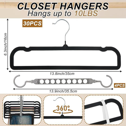 Velvet Pants Hangers Non Slip, 30 Pack Velvet Hangers for Closet with Porous Hooks, Strong Durable Space Saving Slim Clothes Hanger, Ultra Thin Flocked Hanger for Pants/Shirts/Bra/Shorts (Black)