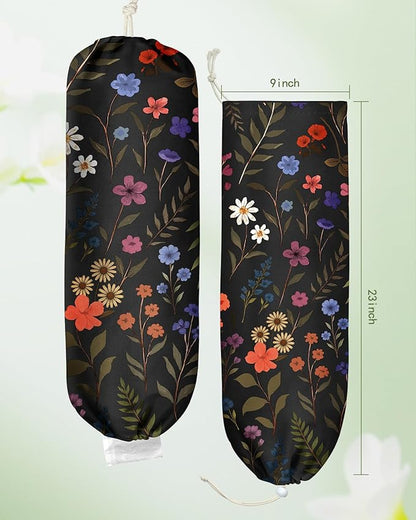 Plastic Bag Holder Organizer - 1 Pack Reusable Canvas Grocery Bags Holder Hanging Wall Cute Aesthetic Shopping Bag Storage Dispenser with Drawstring Closure for Kitchen Home, Black Floral