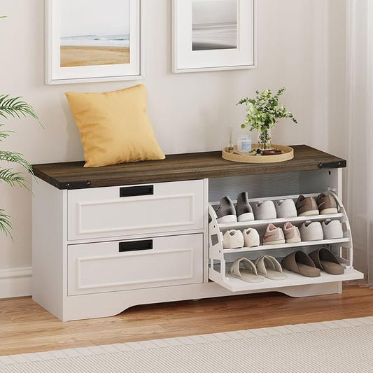 FATORRI Shoe Storage Bench, Entryway Bench with Flip Drawer, Wooden Entry Way Shoe Cabinet for Living Room Hallway (Walnut Brown+White Oak)