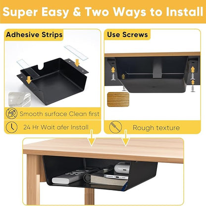 2 Pack Under Desk Hanging Shelf Drawer Organizer, Attachable Plastic Hidden Storage Tray, Easy Adhesive Mount Holder for Standing Tables, Office, Counters, Cabinets, Workstations - Black