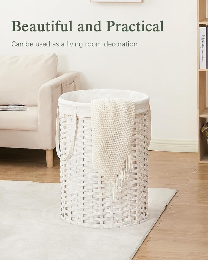 Laundry Basket Round Rattan Laundry Hamper 29.1 Gal(110 L) Handwoven Large Wicker Basket with Handles, Wicker Hamper with Removable Bags and 2 Mesh Bags for Bathroom Living Room White(No Lid)