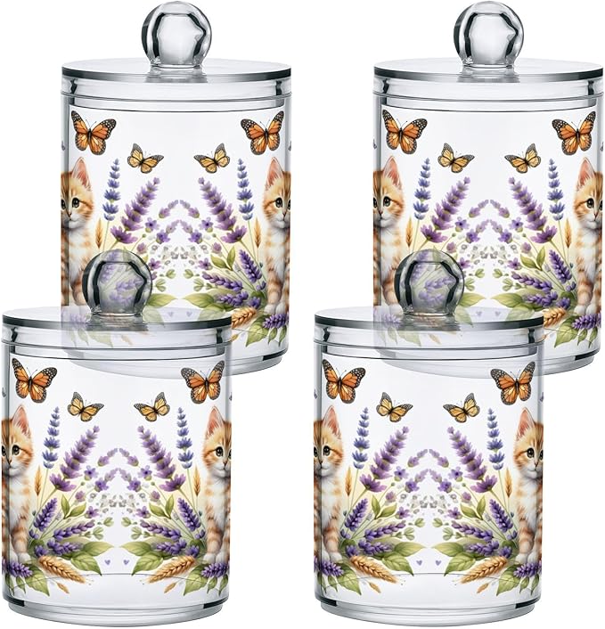 MNSRUU 4 Pack Qtip Holder Organizer Dispenser Cute Ginger Kitten and Flowers Pink Bathroom Storage Canister Cotton Ball Holder Bathroom Containers for Cotton Swabs/Pads/Floss