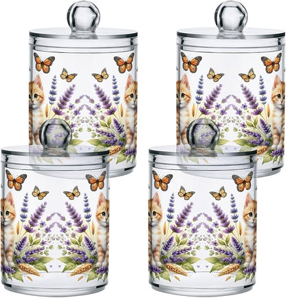 MNSRUU 4 Pack Qtip Holder Organizer Dispenser Cute Ginger Kitten and Flowers Pink Bathroom Storage Canister Cotton Ball Holder Bathroom Containers for Cotton Swabs/Pads/Floss
