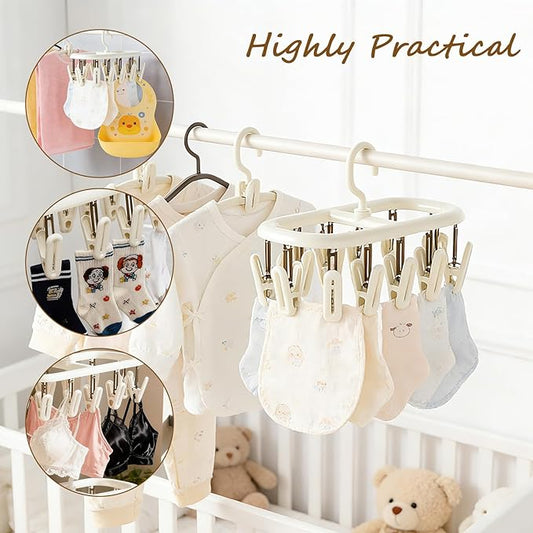 Clothes Drying Hanger with 12 Clips 2 Pack Folding Portable Hanging Drying Rack,Drip Foldable Hanging Rack 360° Rotatable Hook Clips