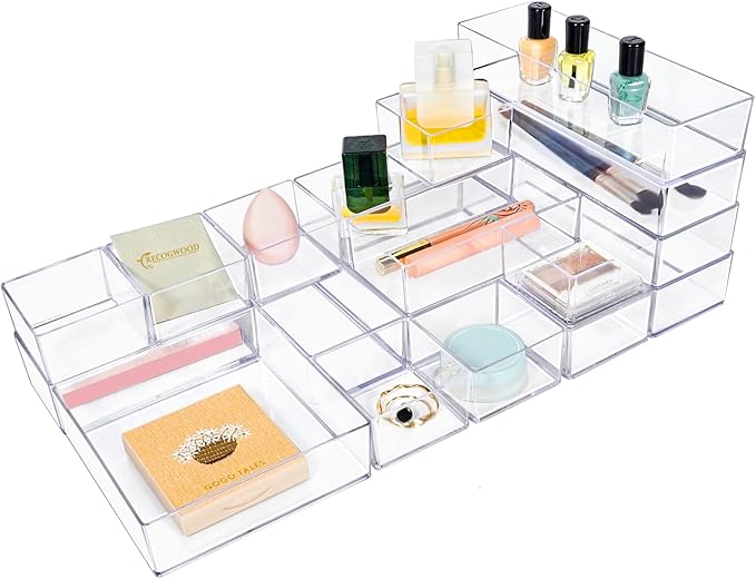 Recogwood Stackable Acrylic Drawer Organizer Set, 18 PCS Multi-Size Storage Bins for Makeup, Office Desk, Bathroom, Vanity and Kitchen Utensils