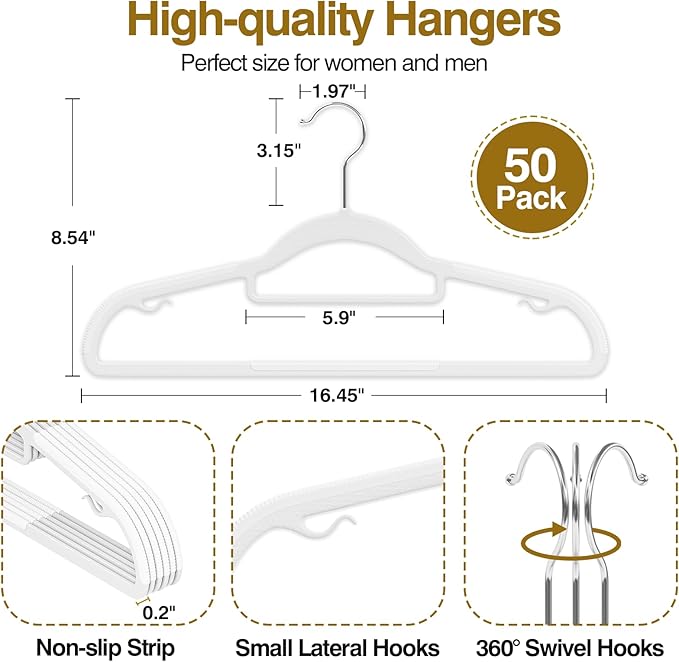 UEAKPIC Plastic Hangers 50 Pack, 16.5 in Heavy Duty Clothes Hangers with 360° Swivel Hook, Non-Slip Bar & 0.2" Ultra-Slim Space-Saving Closet Organizers for Coats, Pants, Suits, Shirts, White
