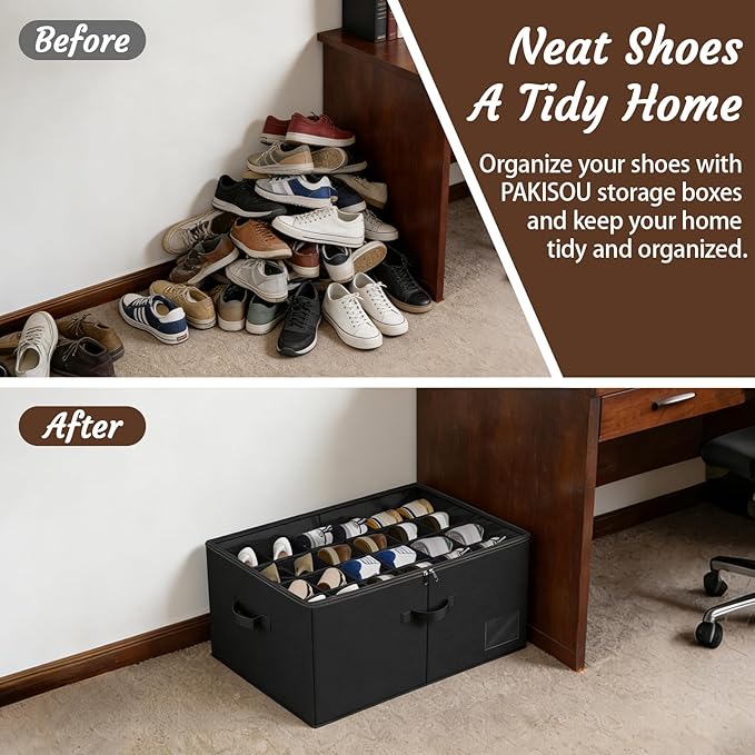 PAKISOU 24 Pair Shoe Storage Box, Foldable Closet Shoe Organizer with Adjustable Dividers & Clear Cover, Space-Saving Shoe Containers for Home