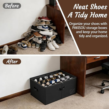 PAKISOU 24 Pair Shoe Storage Box, Foldable Closet Shoe Organizer with Adjustable Dividers & Clear Cover, Space-Saving Shoe Containers for Home