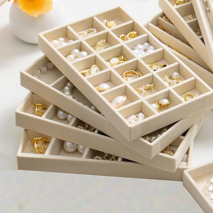 SPAKOWN Jewelry Organizer for Drawer Set of 9, Velvet Jewelry Tray Stackable Jewelry Organizer Display Trays Divided Earring Storage Containers (Beige)
