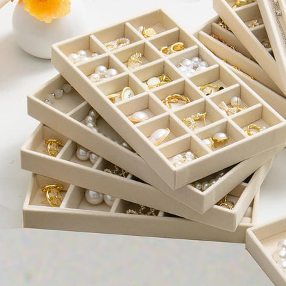 SPAKOWN Jewelry Organizer for Drawer Set of 9, Velvet Jewelry Tray Stackable Jewelry Organizer Display Trays Divided Earring Storage Containers (Beige)