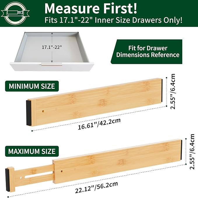 6 Pack Bamboo Drawer Dividers 2.6" High,17-22" Adjustable Spring Loaded Clothes Drawer Organizers for Kitchen, Dresser, Bathroom, Bedroom and Office
