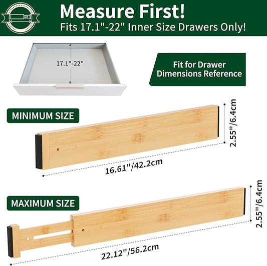 6 Pack Bamboo Drawer Dividers 2.6" High,17-22" Adjustable Spring Loaded Clothes Drawer Organizers for Kitchen, Dresser, Bathroom, Bedroom and Office