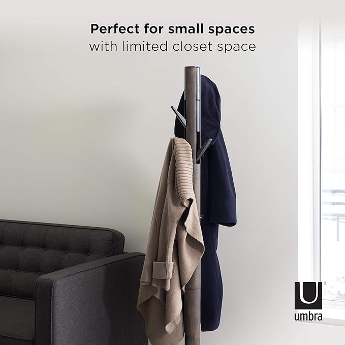 Umbra Flapper Coat Rack, Clothing Hanger, Umbrella Holder, and Hat Organizer, Great for Entryway, Black/Walnut (320361-048)