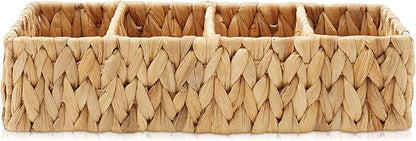Casafield Set of 2 Water Hyacinth Basket Organizers with 4 Sections, Natural - Woven Storage Bins for Bathroom, Laundry, Pantry, Office, Shelves
