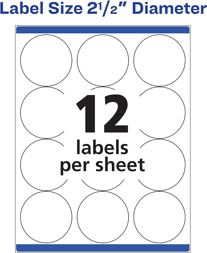 Avery Round Printable Labels, 2.5" Diameter, Matte White, Sure Feed Technology, Laser & Inkjet Compatible, 300 Blank Labels Total, Great for Branding, Packages, School Supplies, and More (5294)