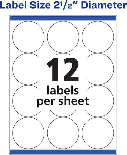 Avery Round Printable Labels, 2.5" Diameter, Matte White, Sure Feed Technology, Laser & Inkjet Compatible, 300 Blank Labels Total, Great for Branding, Packages, School Supplies, and More (5294)
