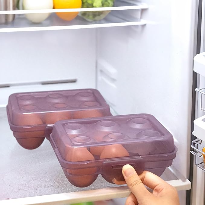Portable Stackable Egg Storage Container, 2-Pack 6-Egg Holders with Tight-Fitting Lids, Purple PP Refrigerator Organizer and Travel Egg Carrier