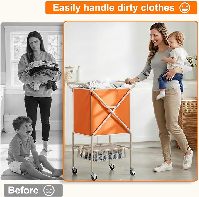 Convenient Laundry Basket with Wheels,36" High Easy Rolling Laundry Cart with Wheels,Heavy Duty Dirty Clothes Laundry Hamper with Handles Removable Bag for Seniors,Folding Metal Frame/Orange/98L