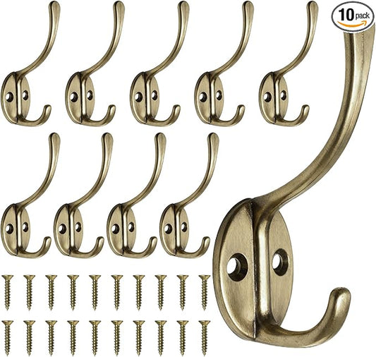10 Pack Coat Hooks Wall Mounted with 20 Screws, Heavy Duty Antique Brass Towel Hooks Metal Double Hooks, No Rust Retro Rustic Wall Hooks for Hanging Towel, Coat, Scarf, Bag, Hat, Cup, Key